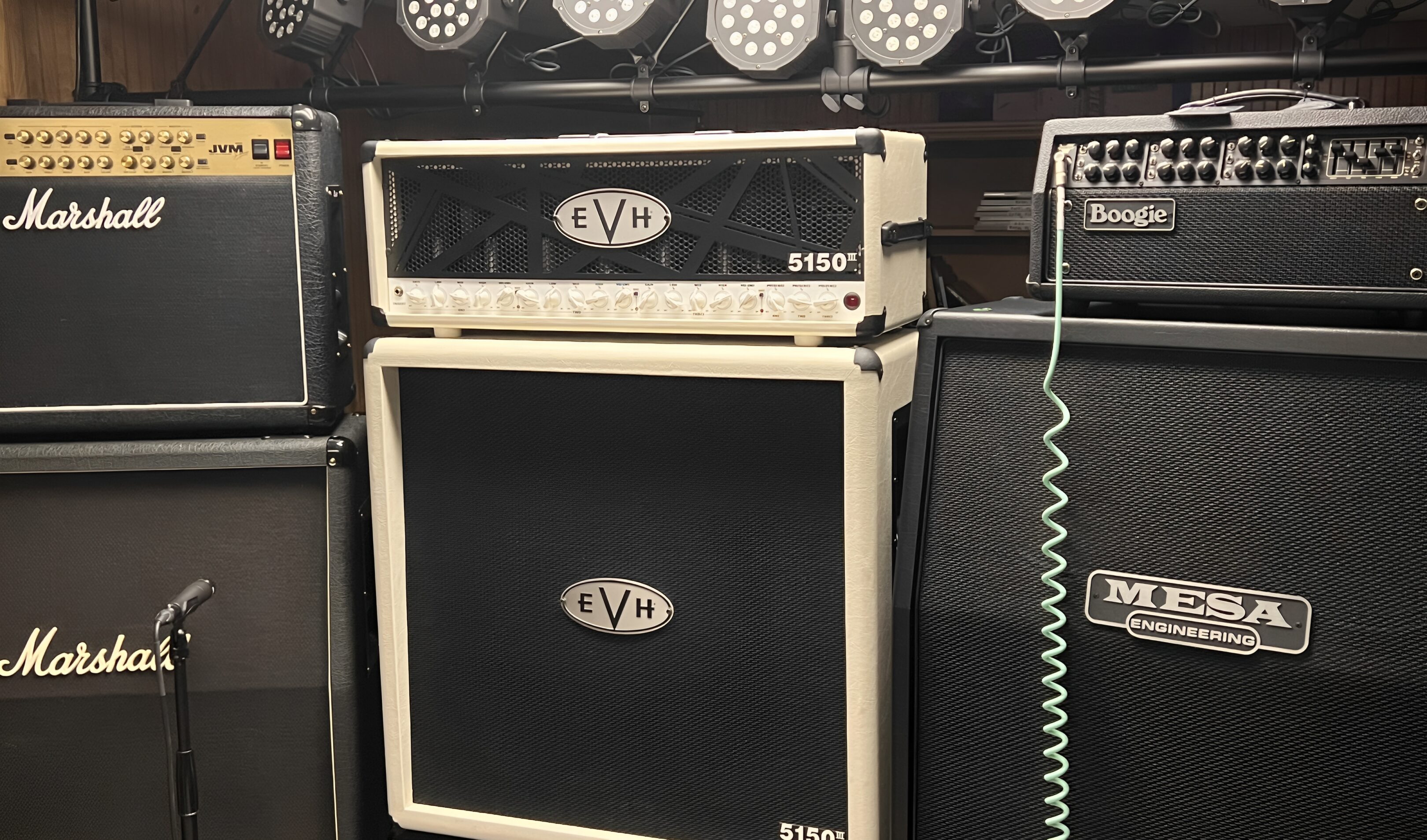 Guitar amplifiers by Marshall, EVH, and Mesa.