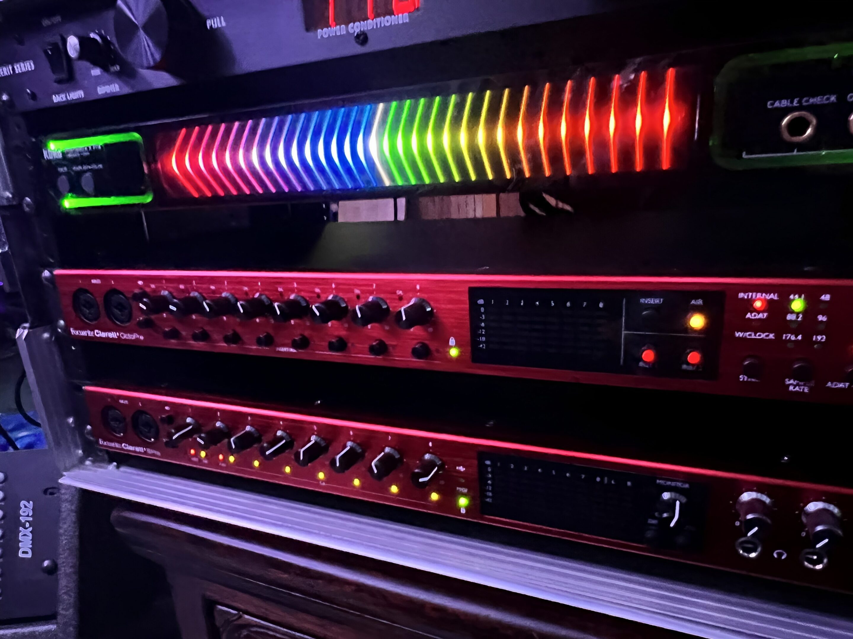 Audio equipment with colorful lighting display.