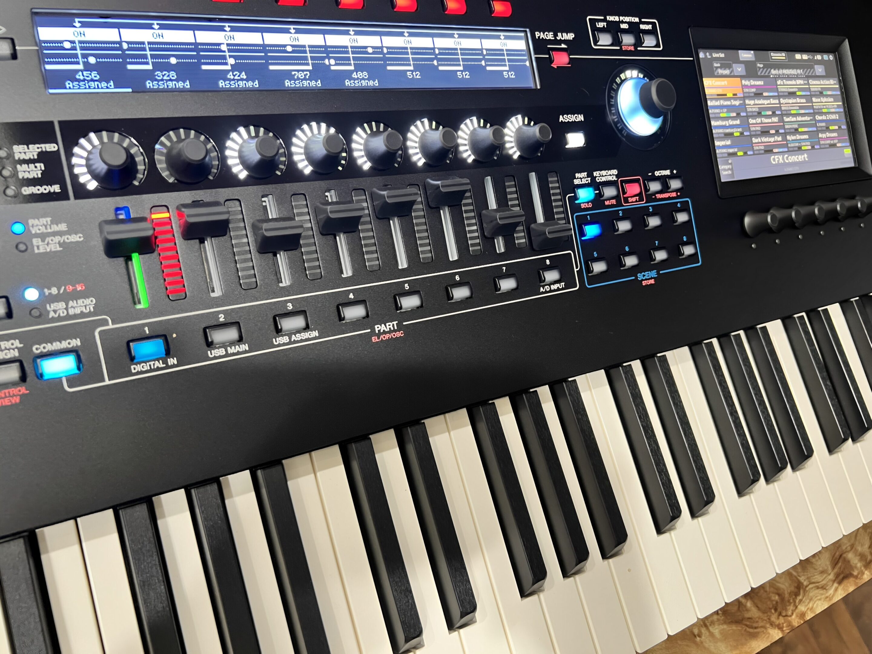 Digital synthesizer keyboard with control panel.